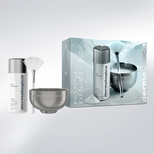 pro ritual: exfoliate + glow giftset met Daily Microfoliant, metalen mengkom en waaierkwast