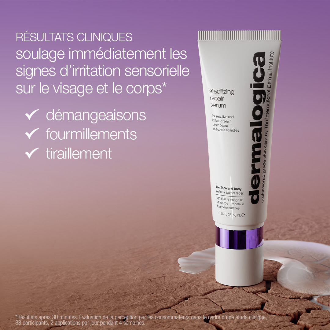 Stabilizing Repair Serum soulage immédiatement les signes d'irritation sensorielle sur le visage et le corps